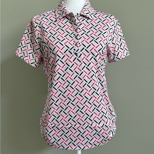 Nivo White and Pink Polo Collar Button Down Golf Polo Shirt